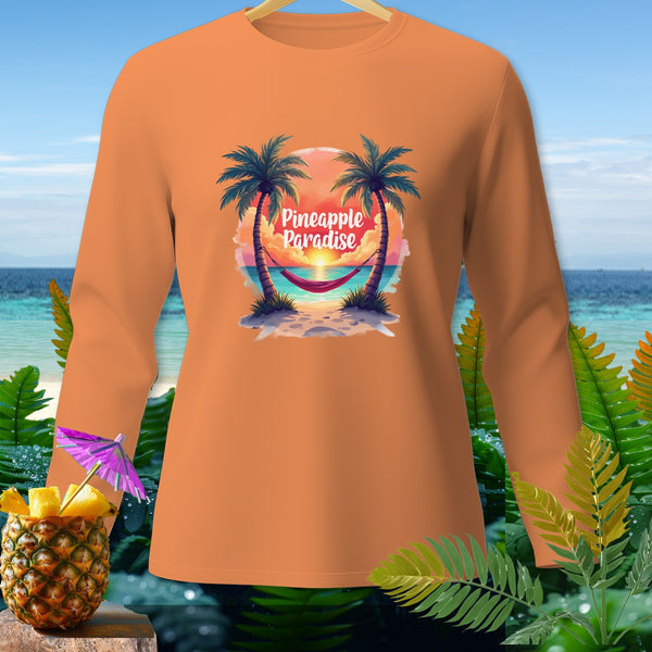 Orange long-sleeve shirt with "Pineapple Paradise" text and beach graphic.