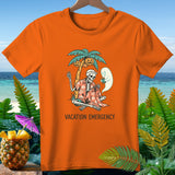 Orange t-shirt with skeleton and ghost on a tropical vacation with text 