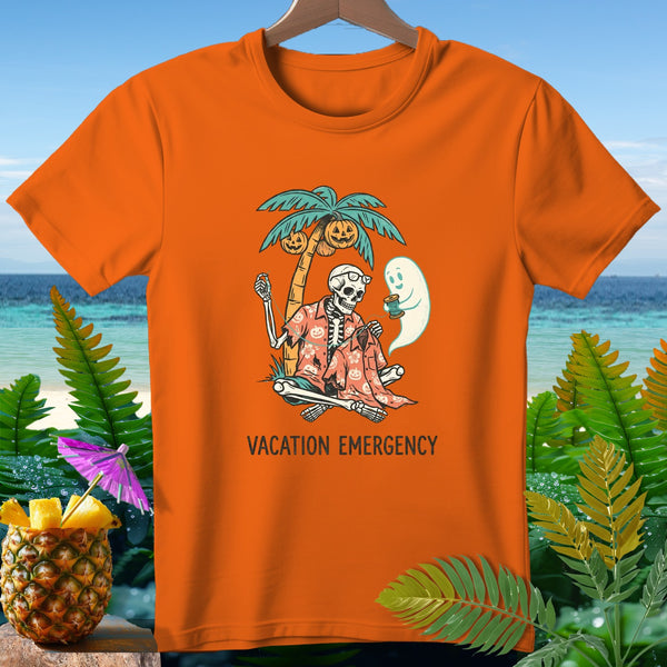Orange t-shirt with skeleton and ghost on a tropical vacation with text "VACATION EMERGENCY".