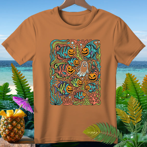 T-shirt with Halloween-themed fish and ghost underwater graphic.