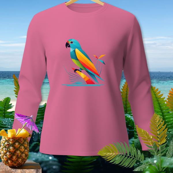 Pink long-sleeve shirt with a geometric parrot graphic and tropical background.