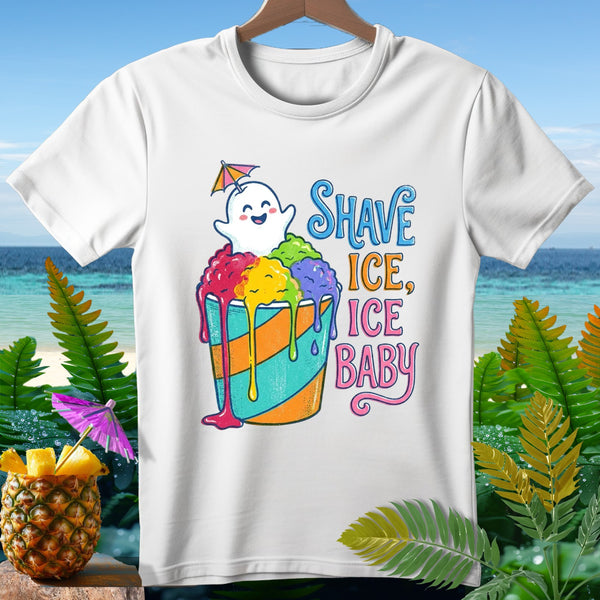 White t-shirt with cartoon ghost and shave ice saying "Shave Ice, Ice Baby".