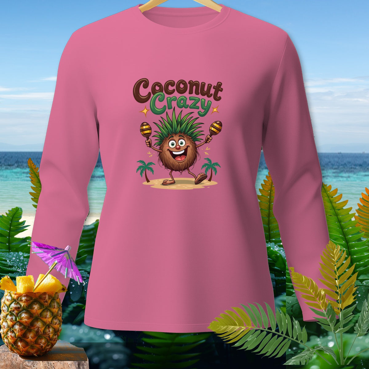 Pink long-sleeve shirt with a cartoon coconut and "Coconut Crazy" text.