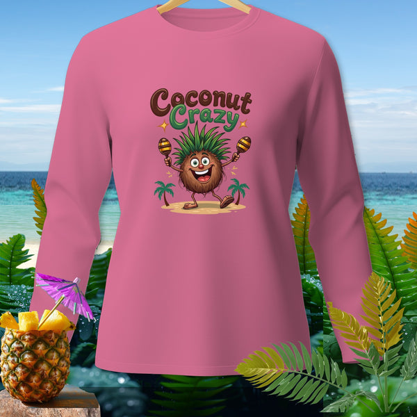 Pink long-sleeve shirt with a cartoon coconut and "Coconut Crazy" text.