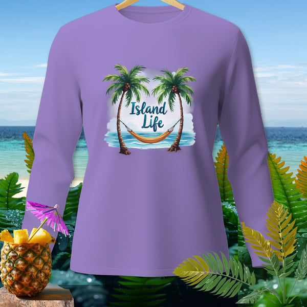 Purple long-sleeve shirt with "Island Life" graphic featuring palm trees and a hammock.