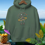 Green hoodie featuring a skeleton graphic with the text 