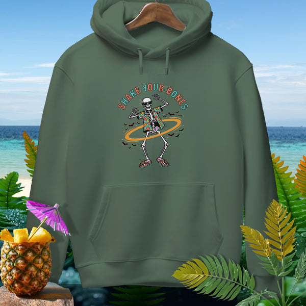 Green hoodie featuring a skeleton graphic with the text "SHAKE YOUR BONES".