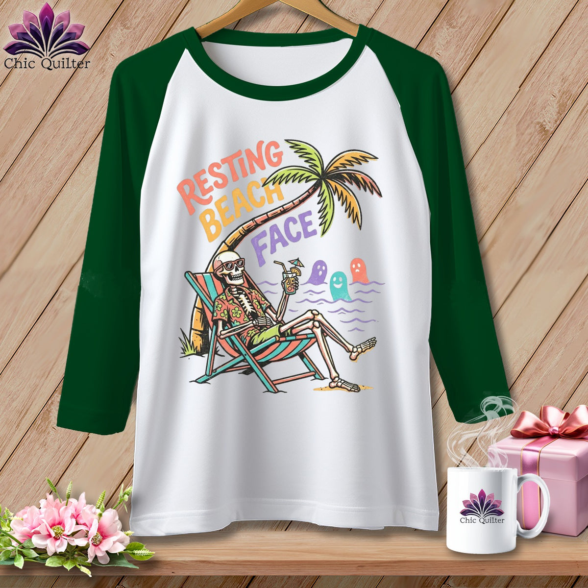 Skeleton relaxing in a beach chair with text "Resting Beach Face" and ghosts.