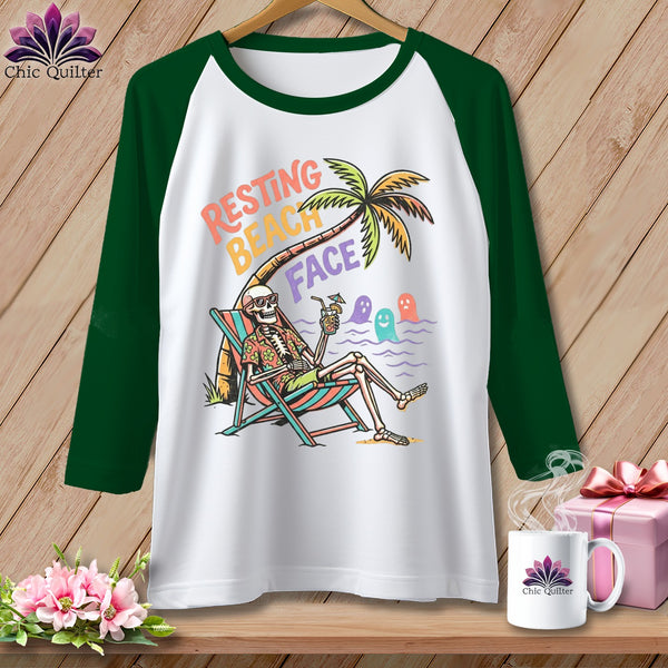 Skeleton relaxing in a beach chair with text "Resting Beach Face" and ghosts.