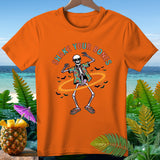 Orange t-shirt with skeleton dancing in Hawaiian shirt, text 