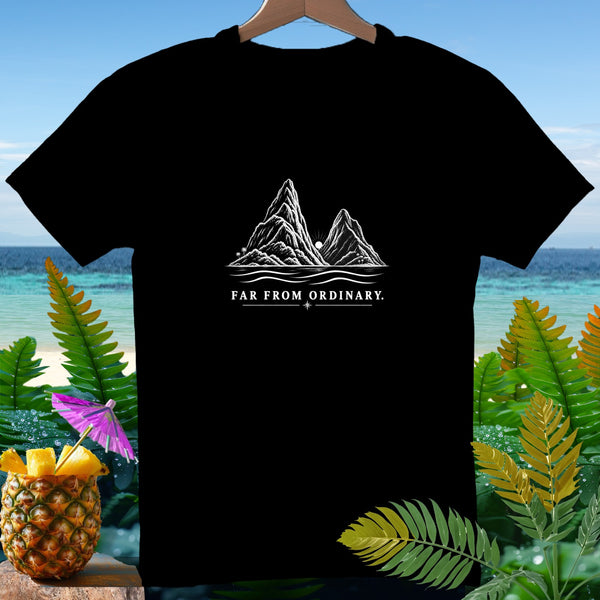Black t-shirt with mountains and "FAR FROM ORDINARY" text.