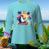 Long-sleeve shirt with a cartoon penguin on a beach chair, text 