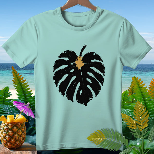 Light blue t-shirt with a black monstera leaf graphic and tropical background.