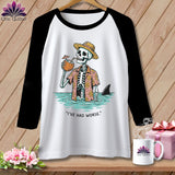 Black and white raglan t-shirt with skeleton in Hawaiian shirt, drinking coconut, in water with shark.