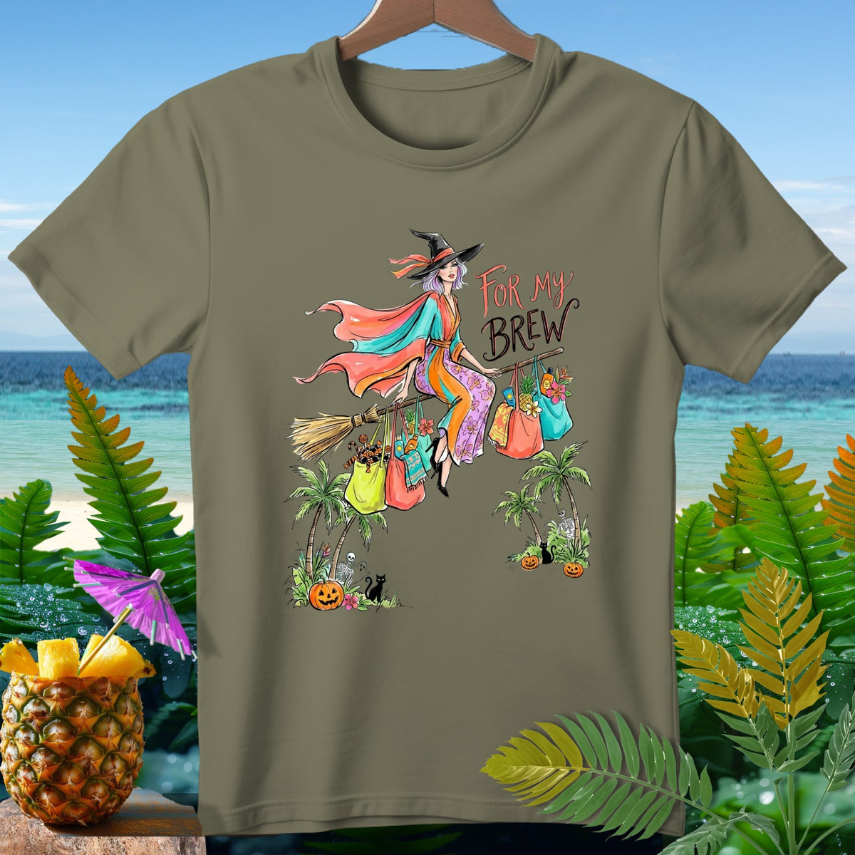 T-shirt graphic with witch flying on broom, carrying bags and text "For My Brew".