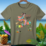 T-shirt graphic with witch flying on broom, carrying bags and text 