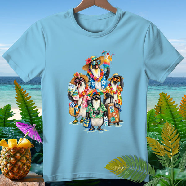 Group of penguins in Hawaiian shirts, sunglasses, and hats on a tropical vacation.