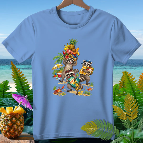 Three raccoons on a beach carrying picnic items, one holding "Tropical Chips".