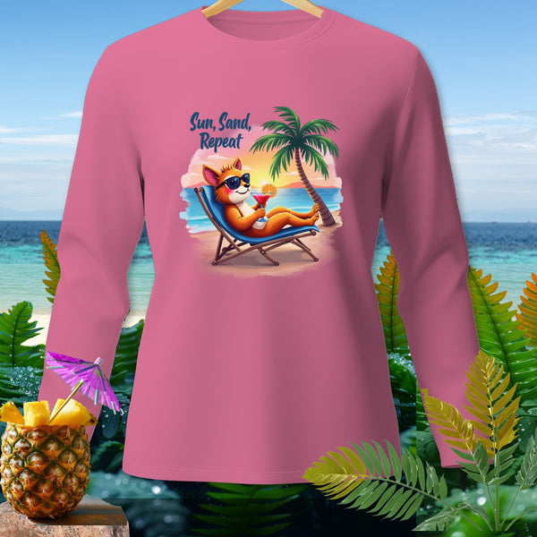 Pink long-sleeve shirt with cartoon dog on beach chair, "Sun, Sand, Repeat" text.