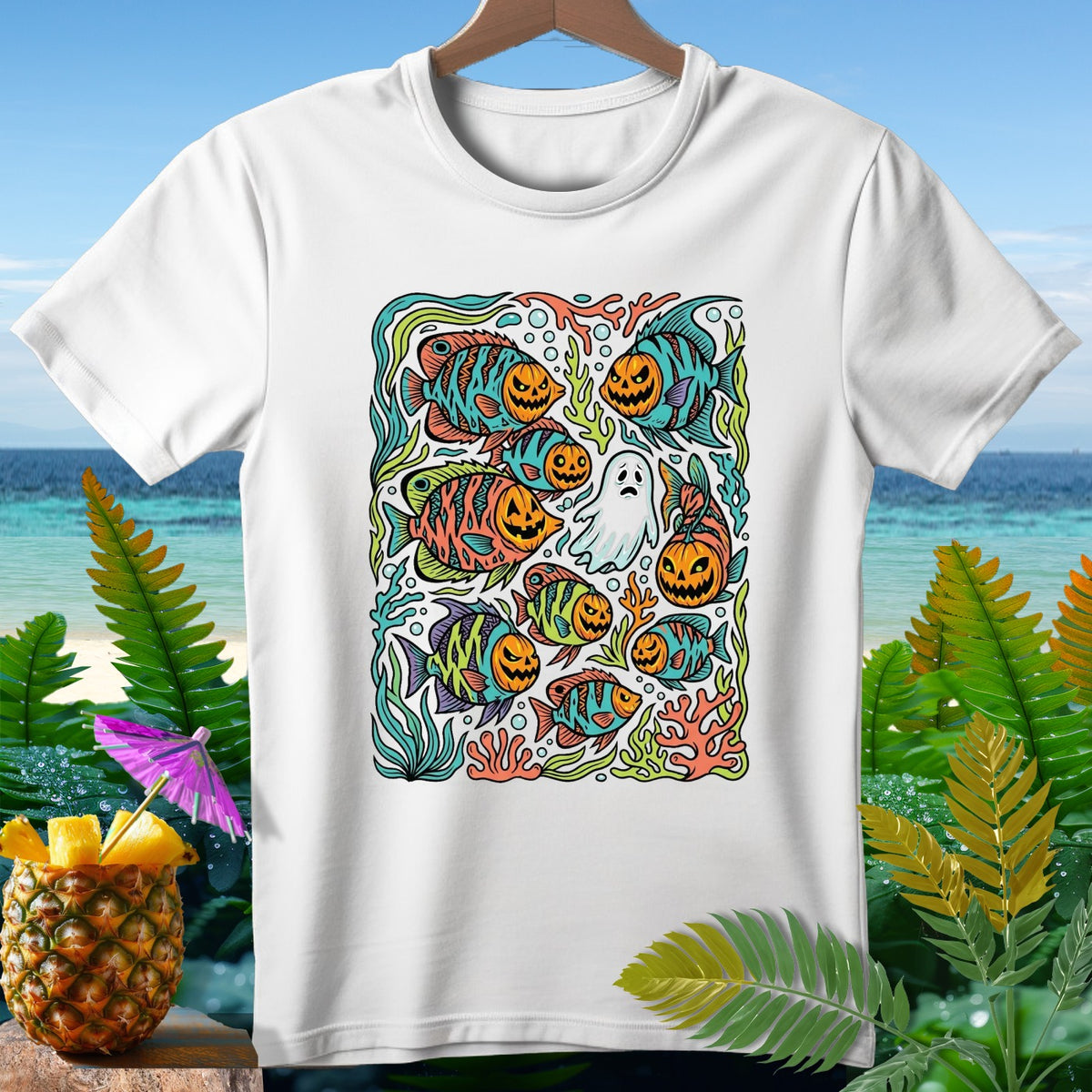 White t-shirt with Halloween-themed fish and ghost graphic.