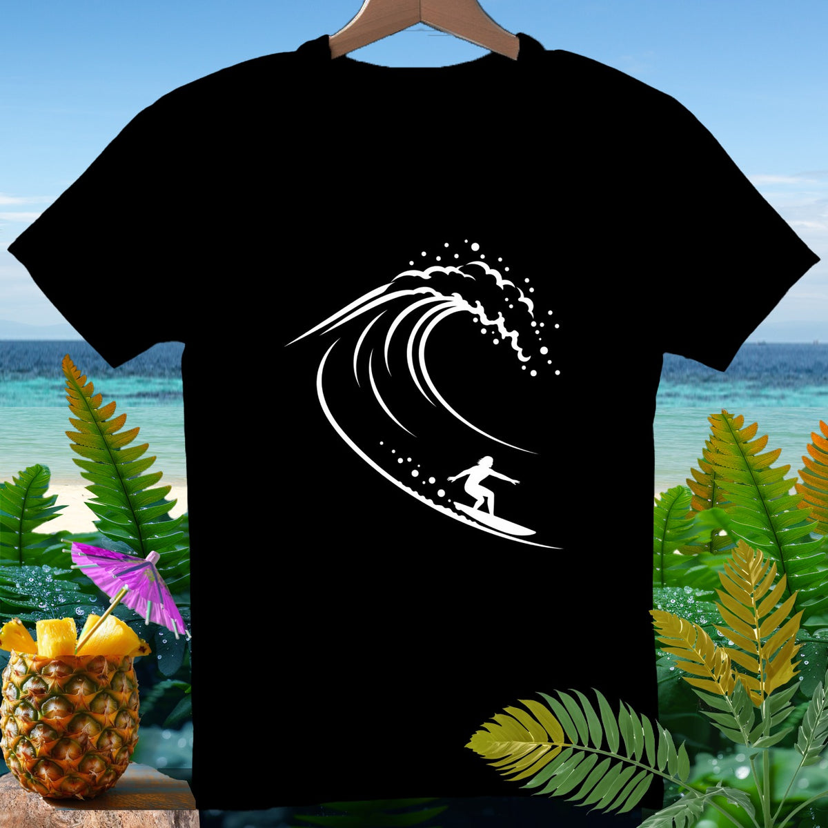 Black t-shirt with white surfer riding a wave graphic.