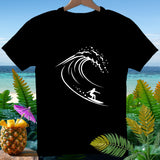 Black t-shirt with white surfer riding a wave graphic.