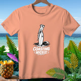 Peach t-shirt with a parrot on a surfboard design and text 