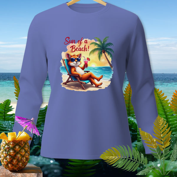 Fox relaxing on a beach chair with a drink, text "Sun of a Beach!".