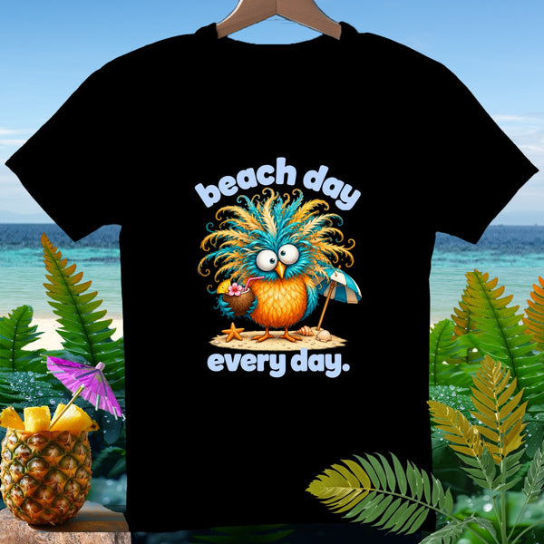 Black t-shirt with cartoon bird saying "beach day every day."