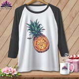 White baseball tee with jack-o'-lantern pineapple graphic and bats.