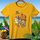 Chickens wearing Hawaiian shirts and leis sit at a table by the beach.