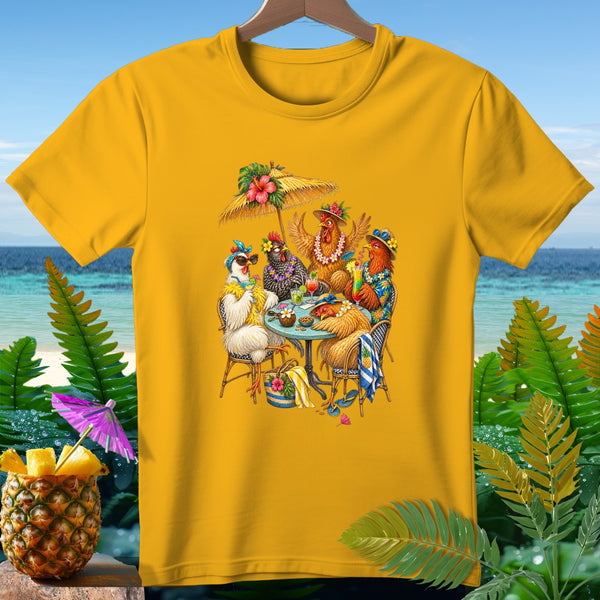 Chickens wearing Hawaiian shirts and leis sit at a table by the beach.