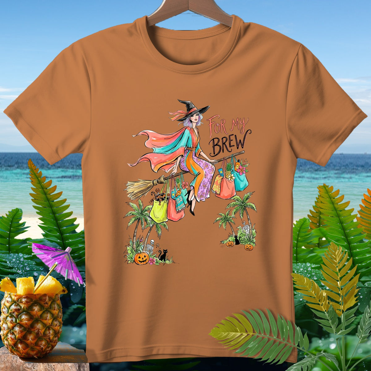 Orange t-shirt with witch on broom and text "FOR MY BREW".