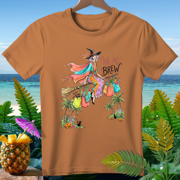 Orange t-shirt with witch on broom and text "FOR MY BREW".