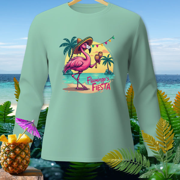 Long-sleeve shirt with flamingo graphic wearing sombrero and holding maracas, text reads Flamingo's Fiesta.