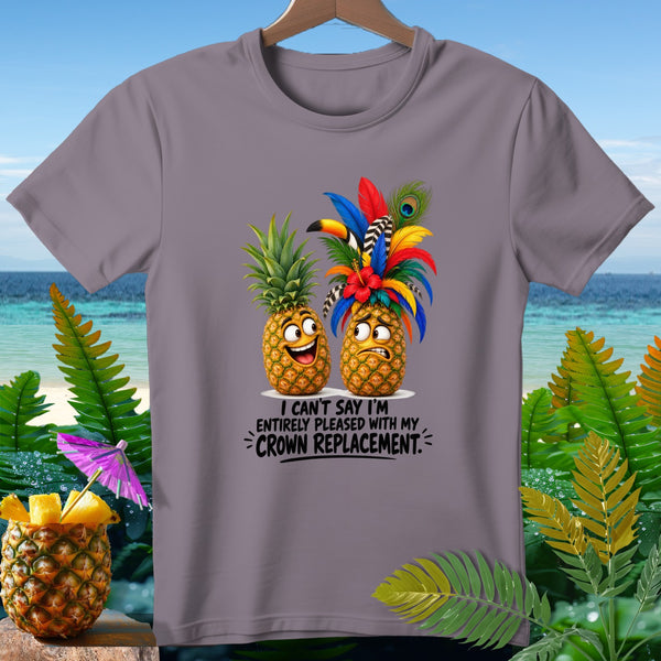T-shirt with two cartoon pineapples, one happy, one worried, and text.