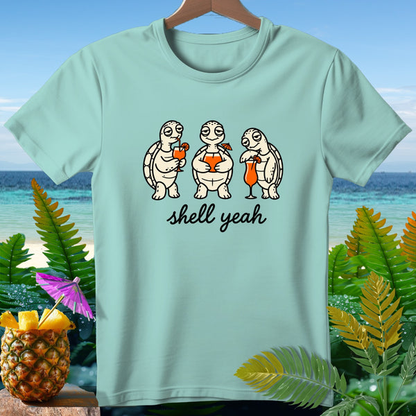 Three cartoon turtles hold drinks with text "shell yeah".