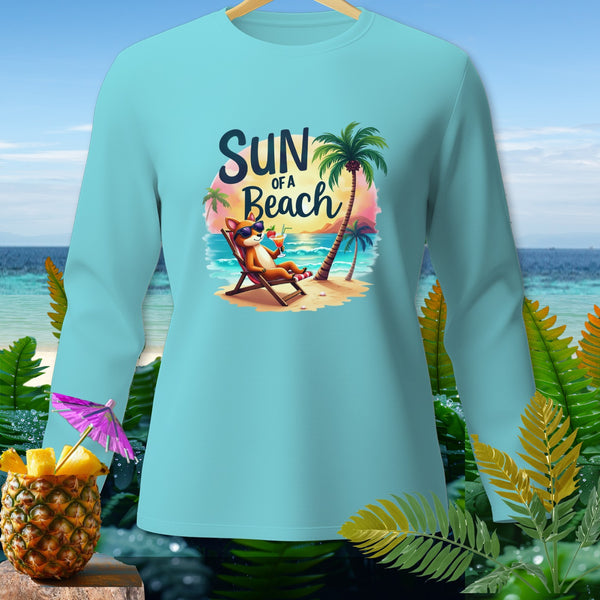 Light blue long-sleeve shirt with cartoon dog on beach graphic and "SUN OF A Beach" text.