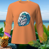 Orange long-sleeved shirt with a dolphin jumping over a wave and 