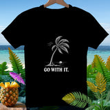 Black t-shirt with white palm tree graphic and 