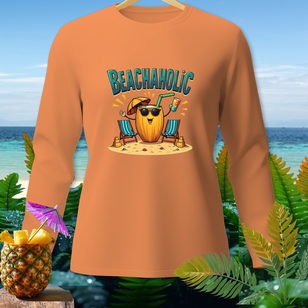 Orange long-sleeve shirt with "BEACHAHOLIC" text and cartoon coconut on beach.