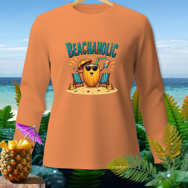 Orange long-sleeve shirt with "BEACHAHOLIC" text and cartoon coconut on beach.
