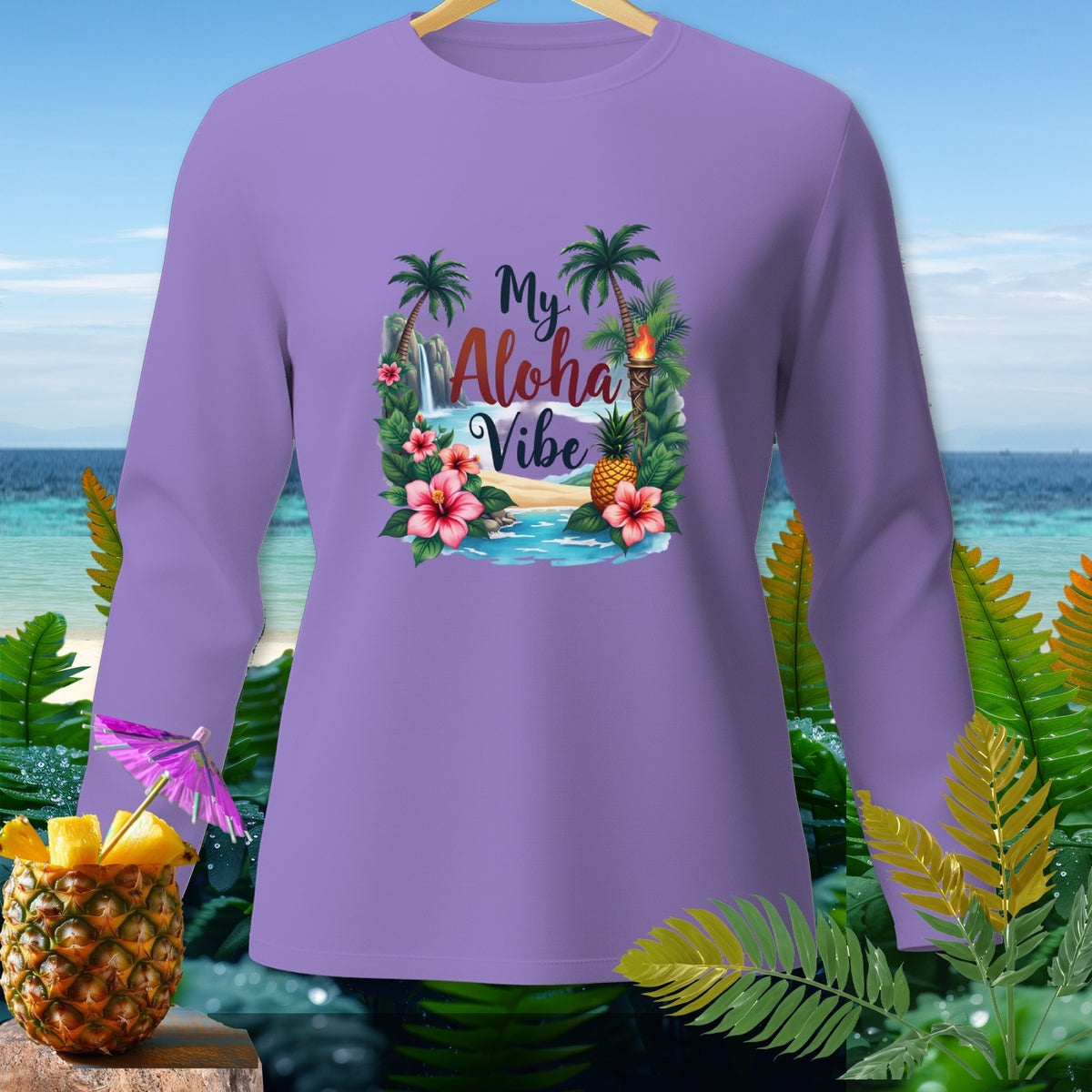 Purple long-sleeve shirt with "My Aloha Vibe" graphic and tropical scene.