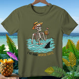 Skeleton in water with shark fin, drinking from pineapple, 