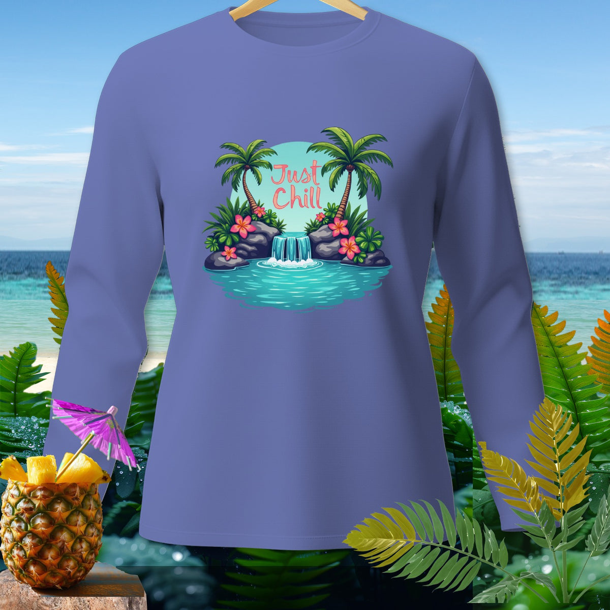 Purple long-sleeve shirt with "Just Chill" tropical waterfall graphic.