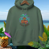 Green hoodie with jack-o'-lantern coconut graphic and 