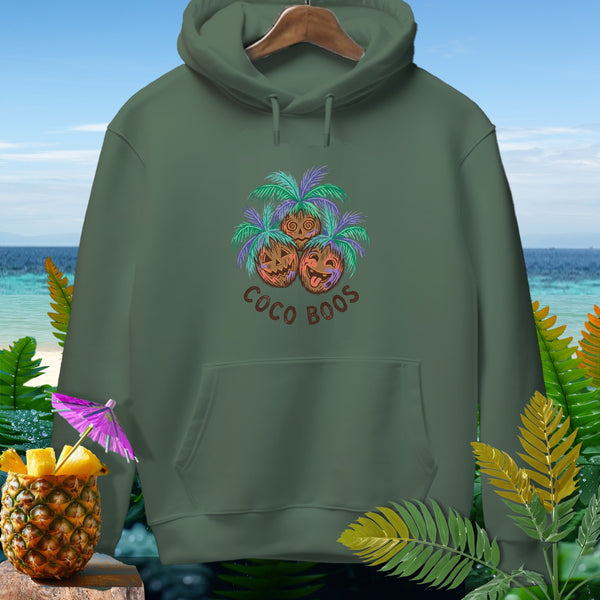 Green hoodie with jack-o'-lantern coconut graphic and "Coco Boos" text.