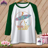 Skeleton carrying surfboard, ghost, and text 