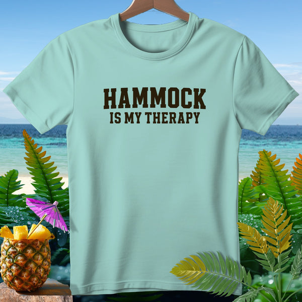 Light blue t-shirt with "HAMMOCK IS MY THERAPY" text.