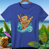 Blue t-shirt with 'Shaka to Freedom America 250' graphic featuring a hand.